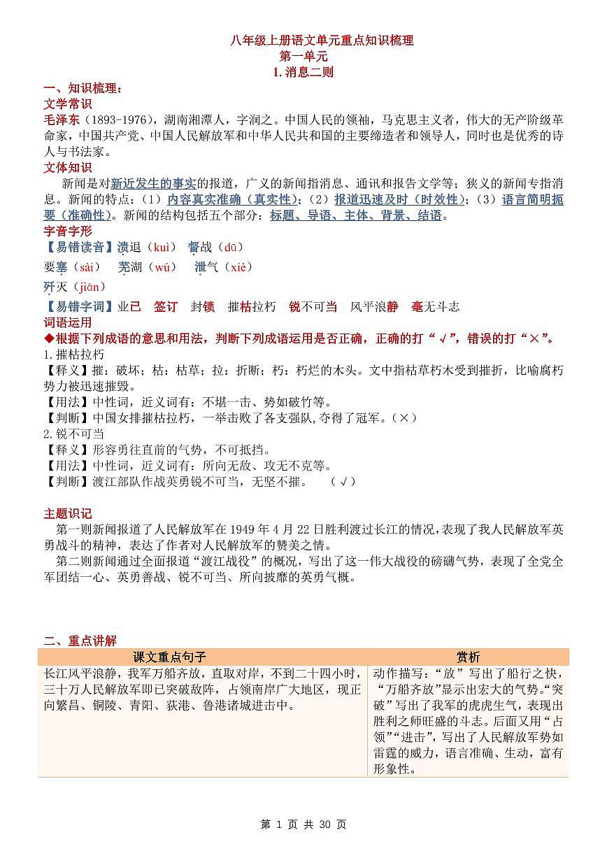 2024版人教版八年级上册语文期末单元重点知识梳理第1页