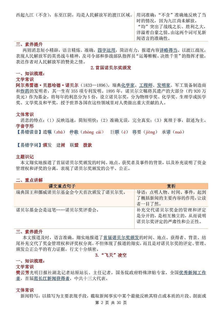 2024版人教版八年级上册语文期末单元重点知识梳理第2页