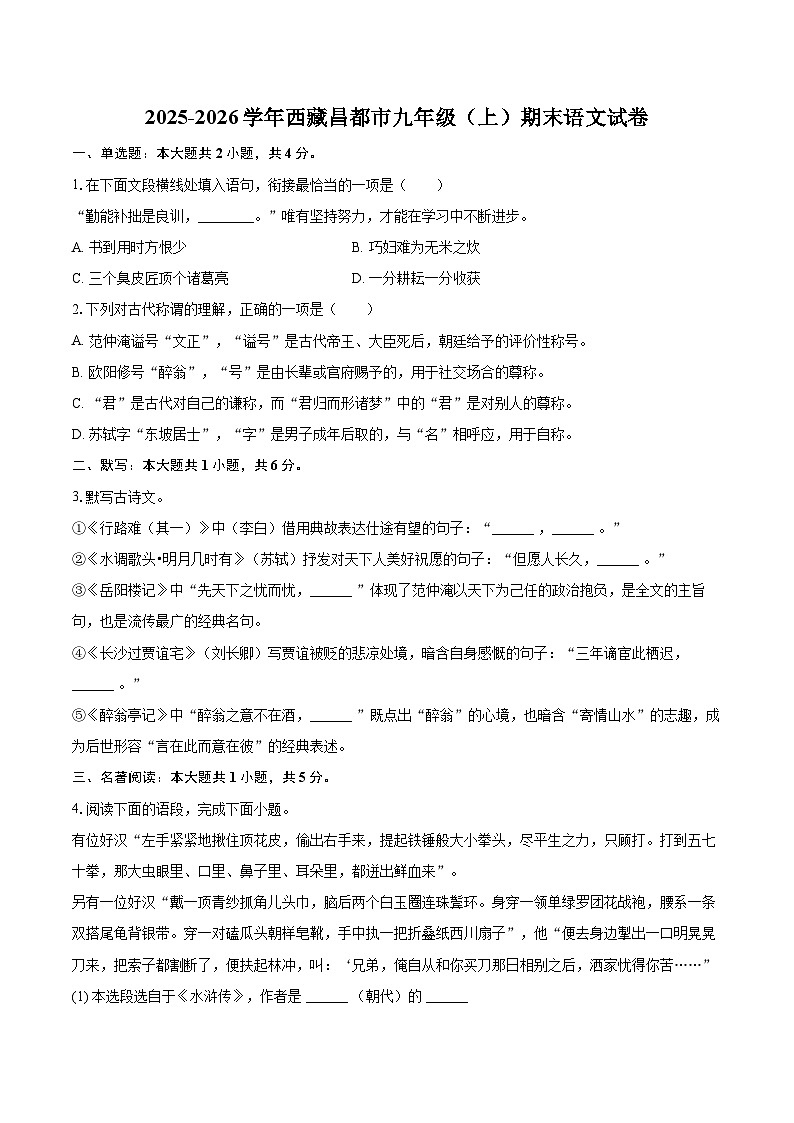 2025-2026学年西藏昌都市九年级（上）期末语文试卷-自定义类型第1页