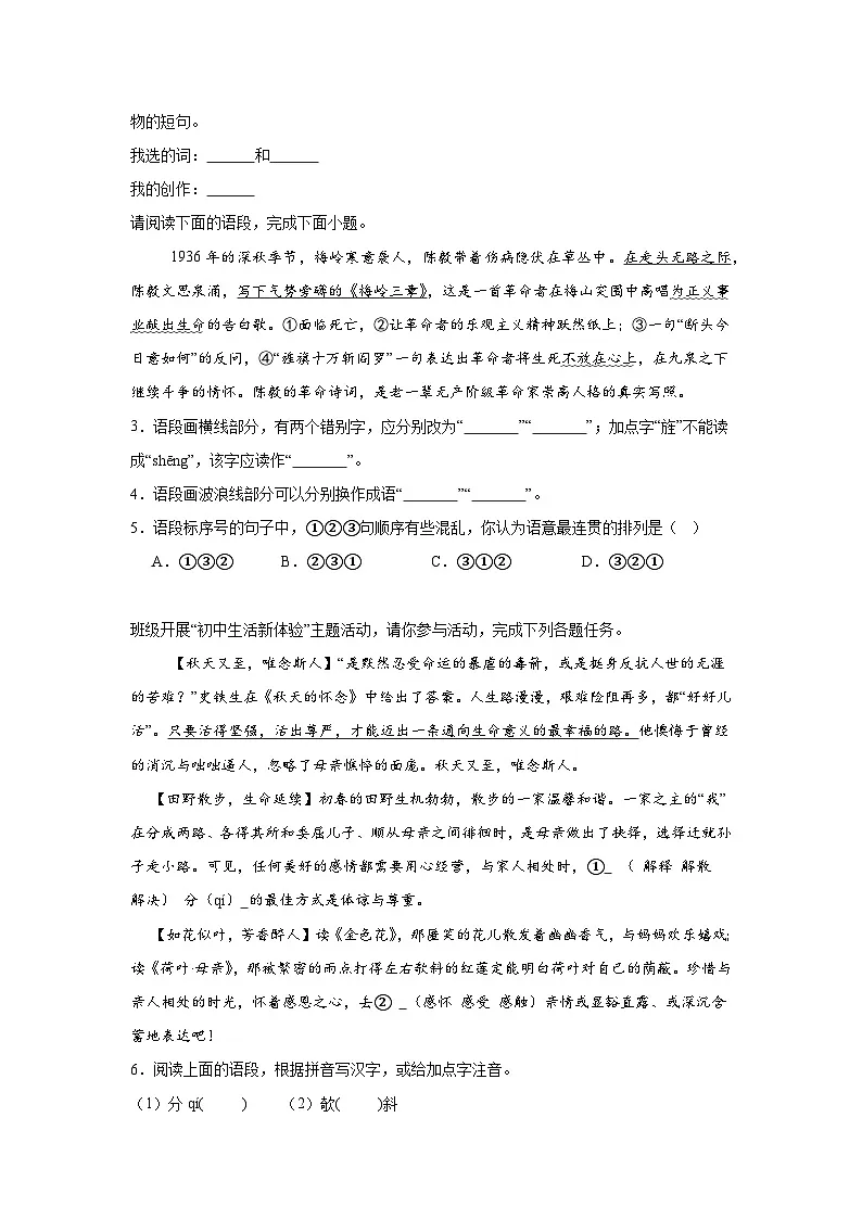 基础知识综合练习 统编版语文七年级上册期末专项复习第2页