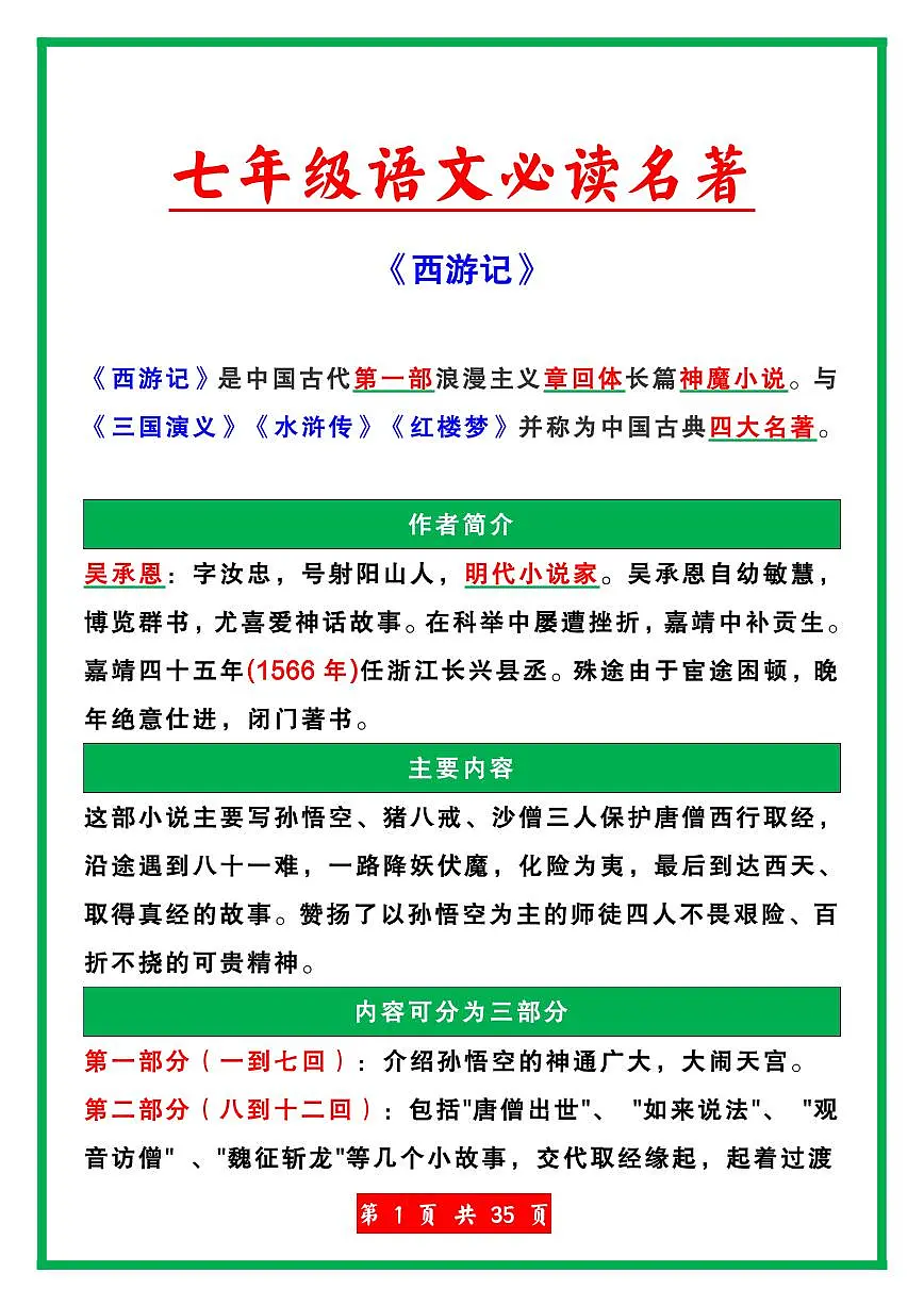 2024版人教版七年级上册语文必读名著《西游记》知识点汇总第1页