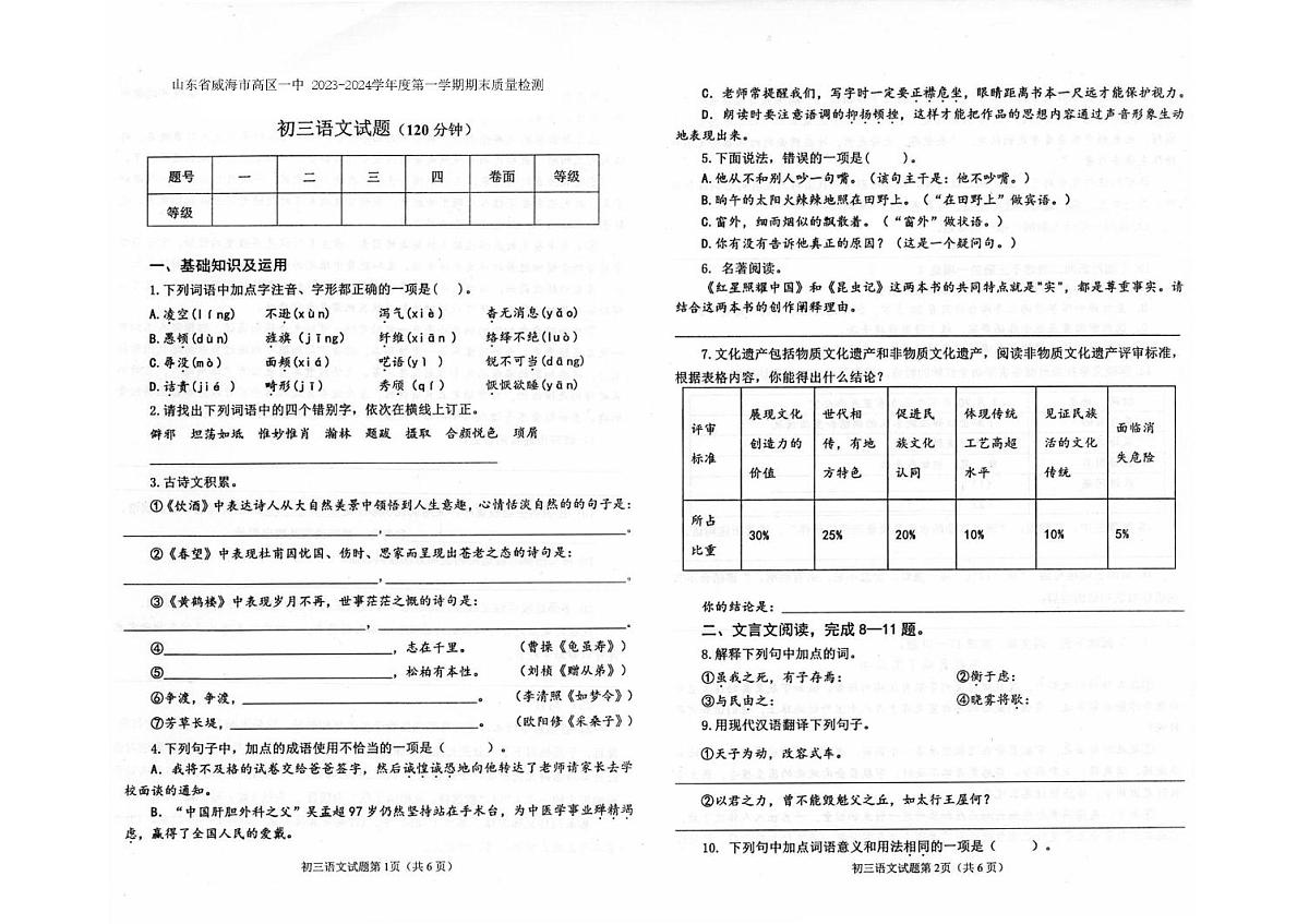 山东省威海市第一中学2023-2024学年九年级上学期期末考试语文试题第1页