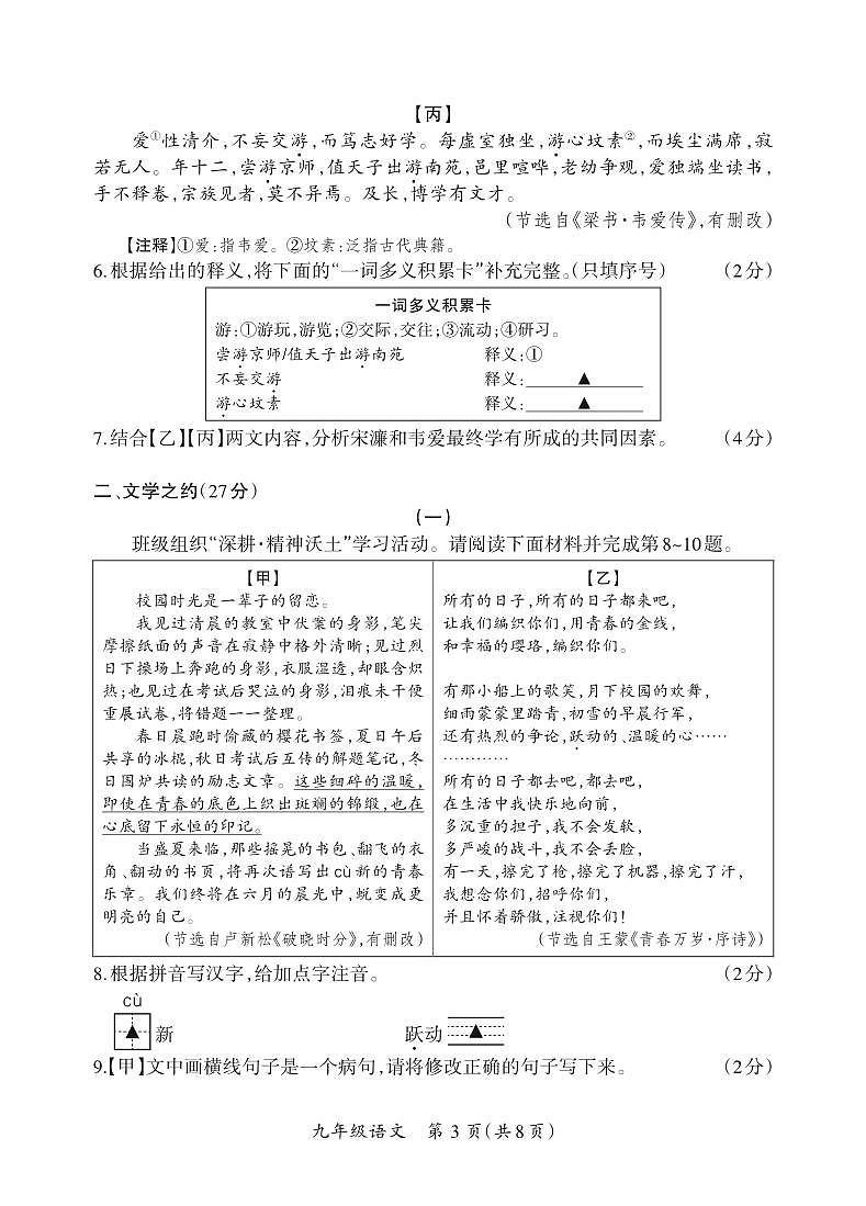 （质量监测卷）九年级期末卷-语文试卷第3页