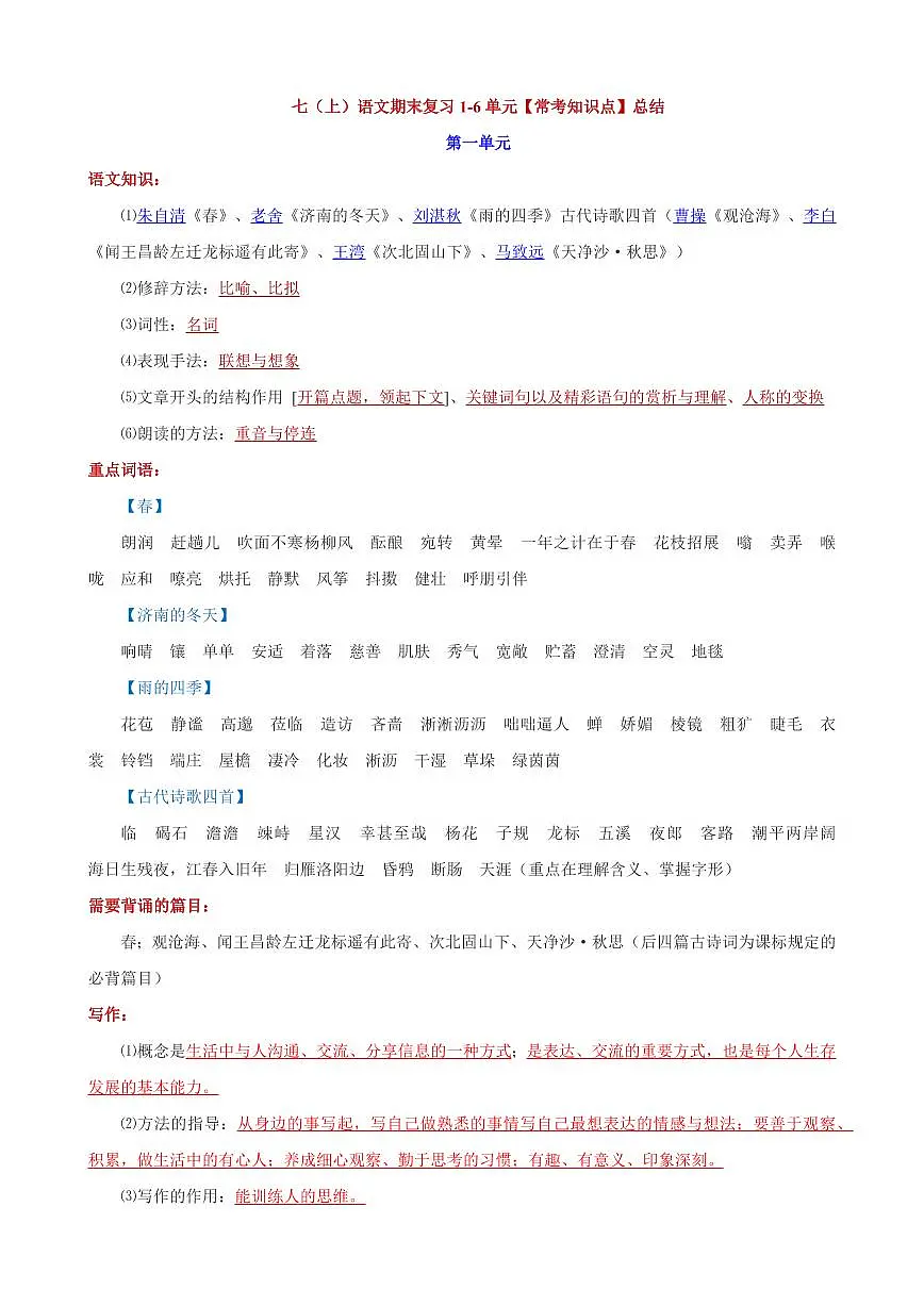2024版人教版七年级上册语文期末复习常考知识点总结第1页
