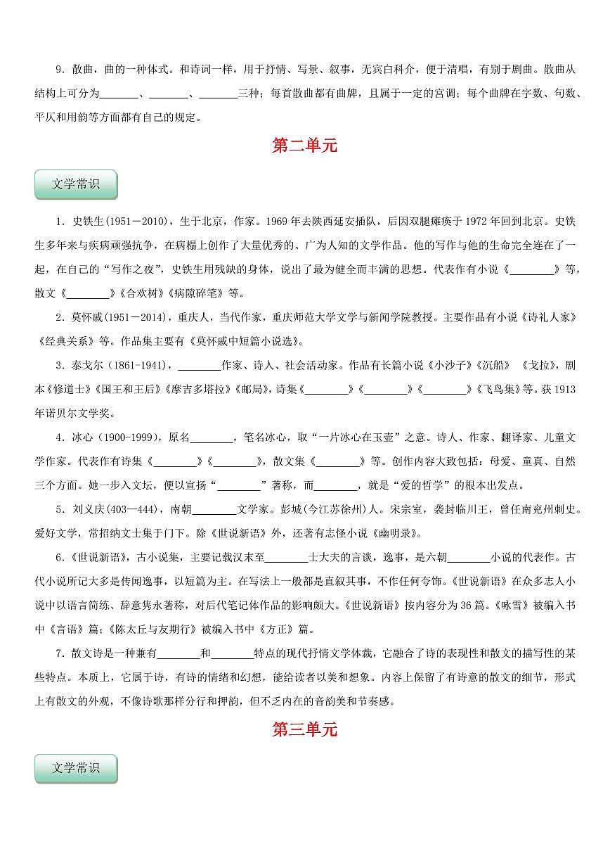 2024版人教版七年上册语文期末文学常识默写专项练习含答案第2页