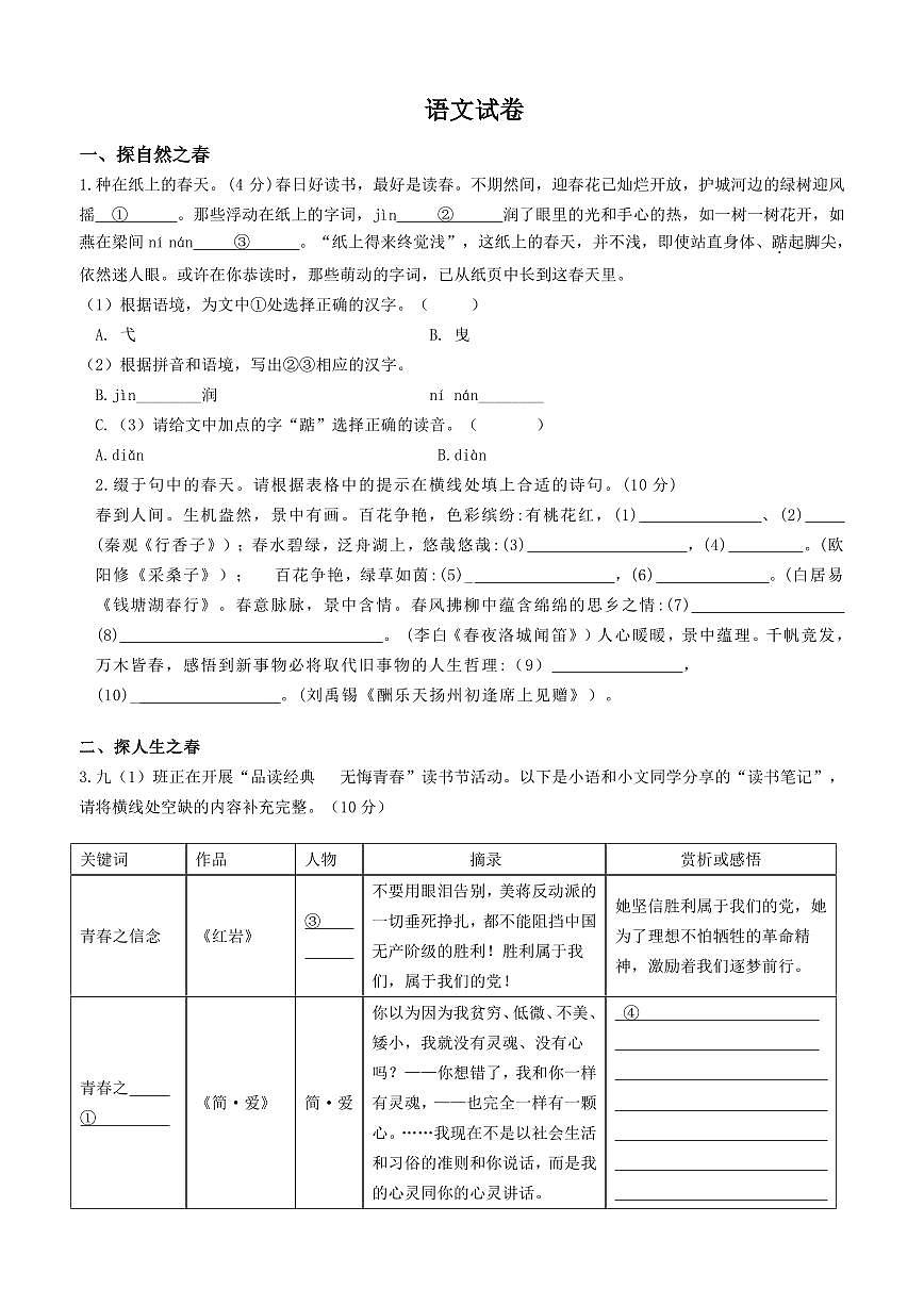 甘肃省武威市凉州区片区2024-2025学年九年级下学期开学考试语文试卷第1页