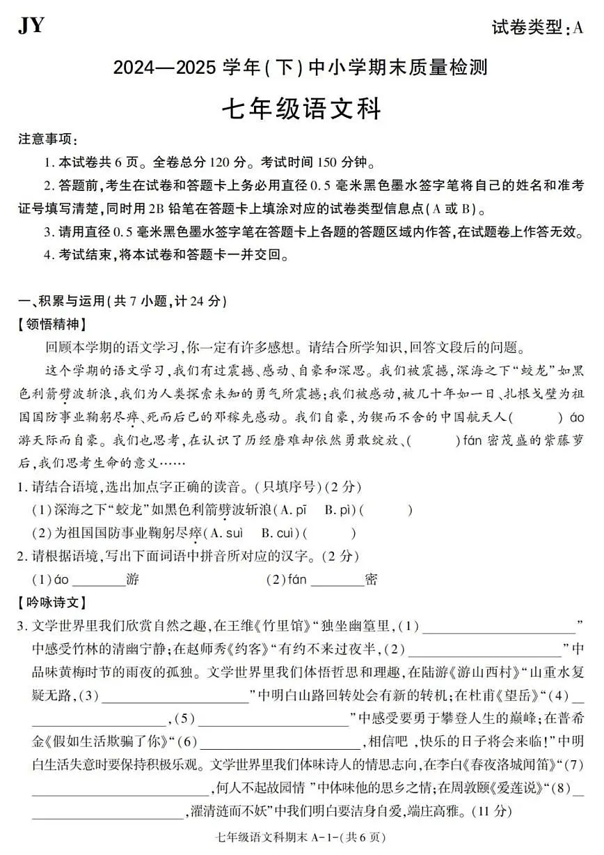 2024-2025学年陕西省咸阳市泾阳县七年级下学期期末考试语文试卷（有答案）第1页