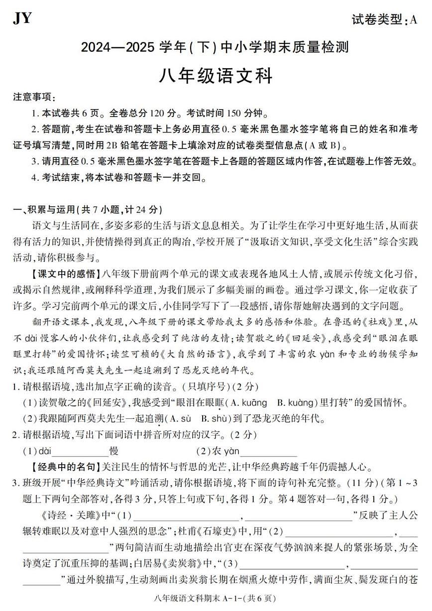 2024-2025学年陕西省咸阳市泾阳县八年级下学期期末考试语文试卷（有答案）第1页