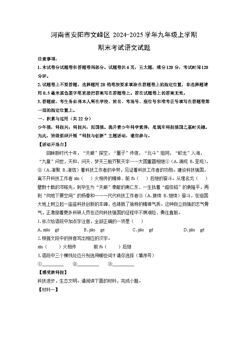 2024-2025学年河南省安阳市文峰区九年级上学期期末考试语文试卷（学生版）第1页