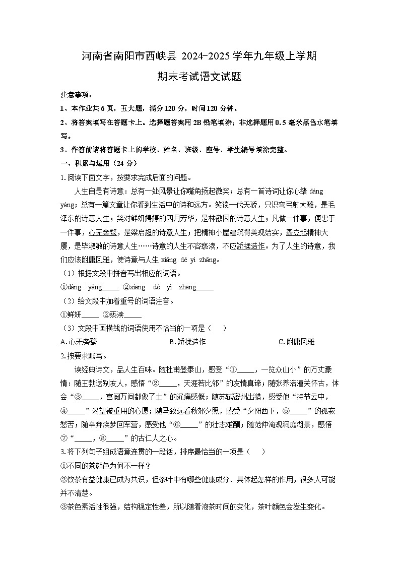 2024-2025学年河南省南阳市西峡县九年级上学期期末考试语文试卷（学生版）第1页