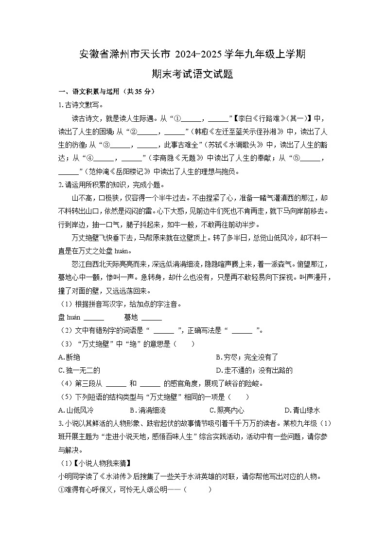 2024-2025学年安徽省滁州市天长市九年级上学期期末考试语文试卷（学生版）第1页