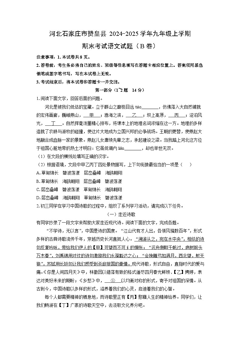 2024-2025学年河北石家庄市赞皇县九年级上学期期末考试（B卷）语文试卷（学生版）第1页