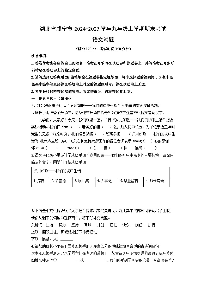 2024-2025学年湖北省咸宁市九年级上学期期末考试语文试卷（学生版）第1页