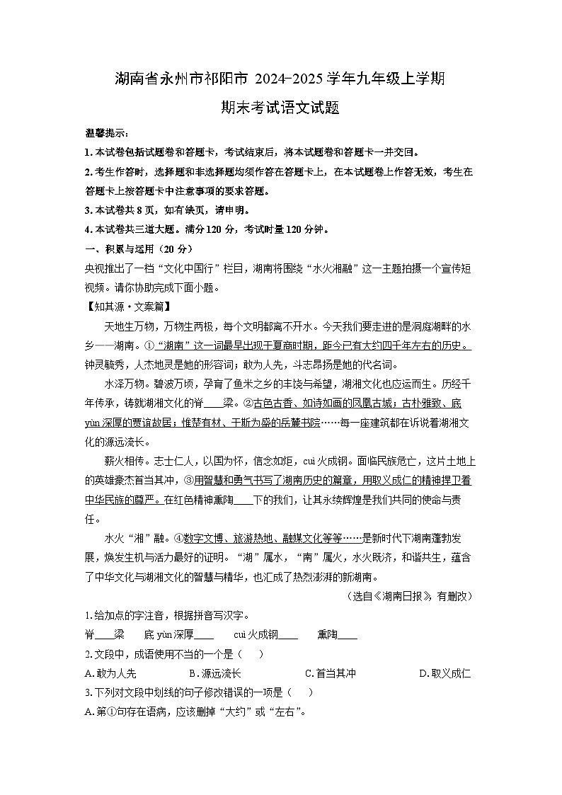 2024-2025学年湖南省永州市祁阳市九年级上学期期末考试语文试卷（学生版）第1页