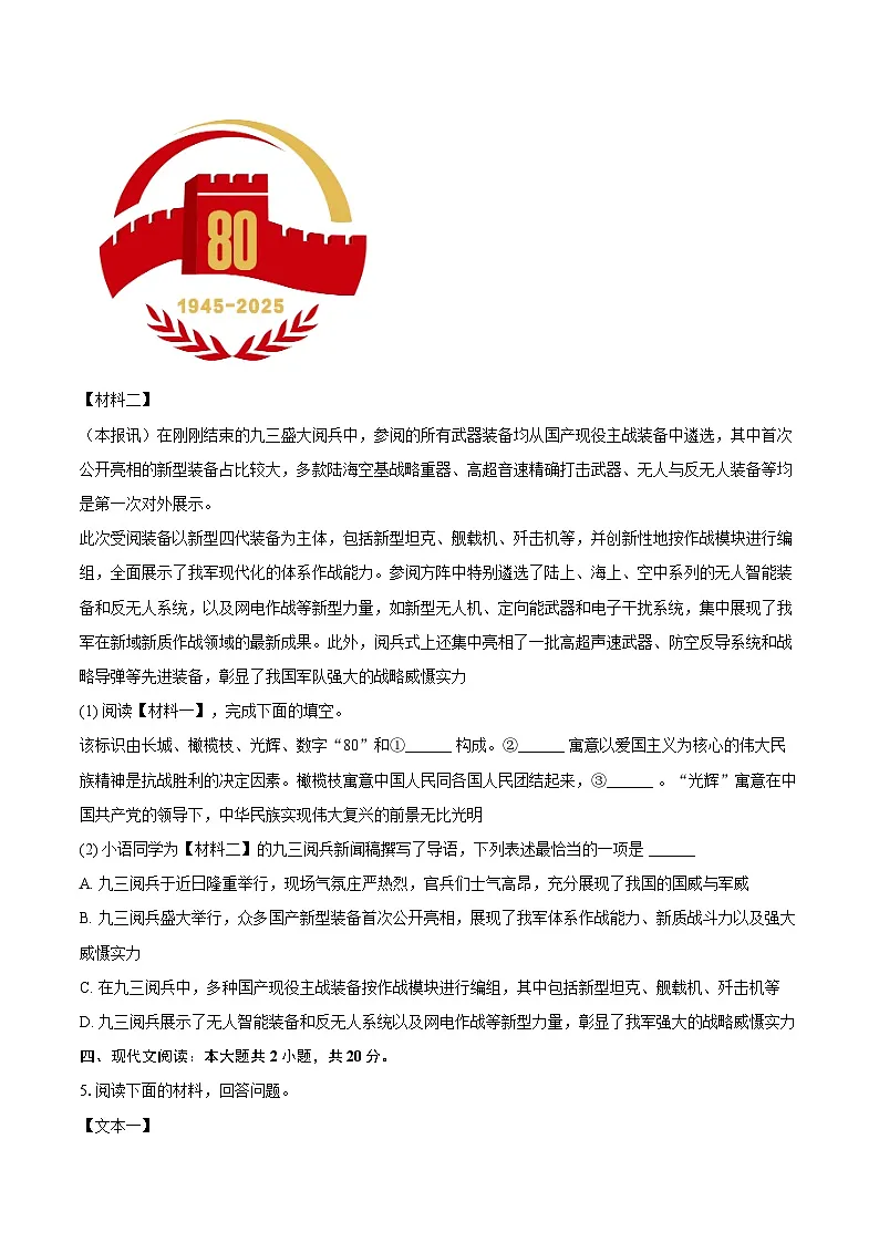 2025-2026学年青海省西宁市八年级（上）期末语文试卷-自定义类型第3页