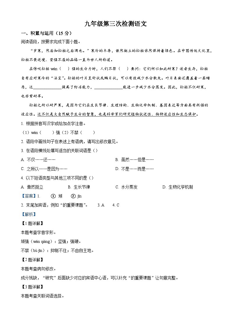 吉林省四平市2025-2026学年九年级上学期第三次月考语文试题（含答案）（含解析）第1页
