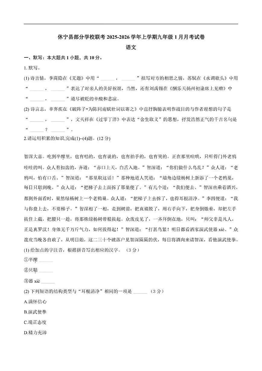 2025-2026学年安徽省黄山市休宁县部分学校九年级上学期1月月考语文试题（有答案）第1页