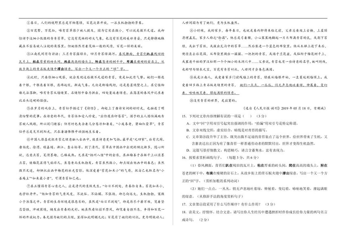 2025-2026学年西藏自治区昌都市七年级上学期期末质量监测语文试卷（有答案）第3页