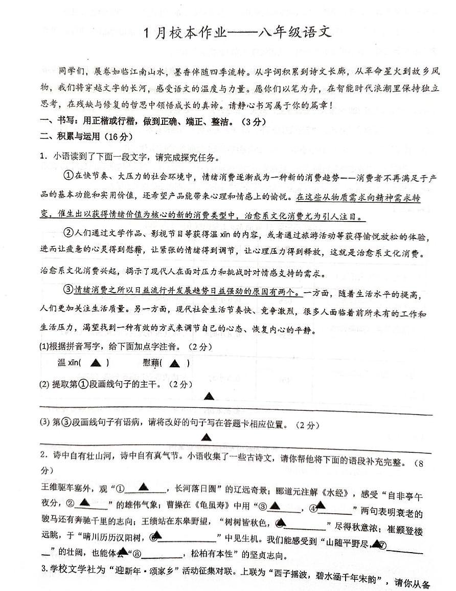 浙江省义乌市宾王中学2025-2026学年八年级上学期1月月考语文试卷第1页