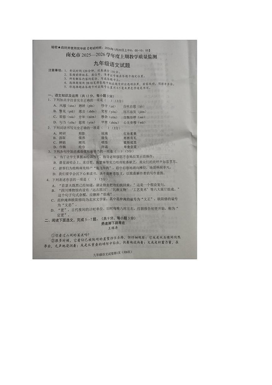 四川省南充市2025-2026学年九年级上学期教学质量检测语文试题（月考）第1页