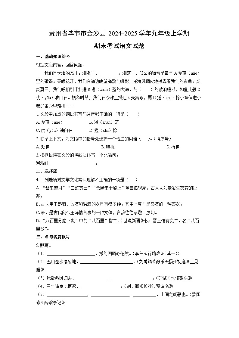 2024-2025学年贵州省毕节市金沙县九年级上学期期末考试语文试卷（学生版）第1页