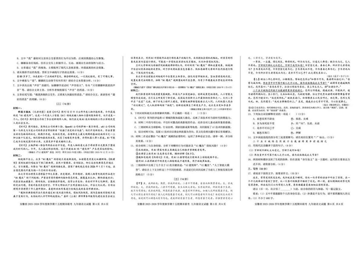 2026届安徽省十五校九年级上学期期末联考语文试卷（含答案）第2页