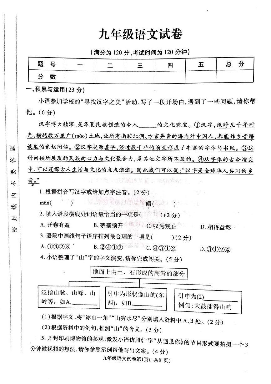 河南省洛阳市宜阳县2025-2026学年九年级上学期期末考试语文试题第1页