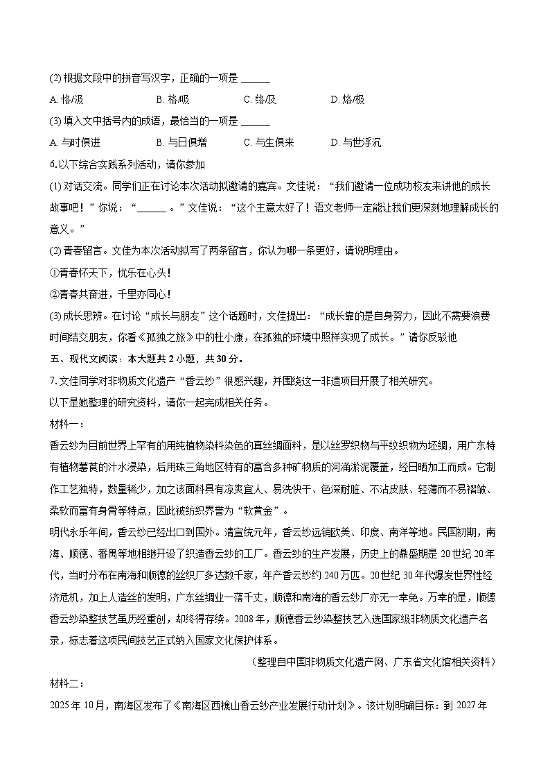 2025-2026学年广东省广州市番禺区九年级（上）期末语文试卷-自定义类型第3页