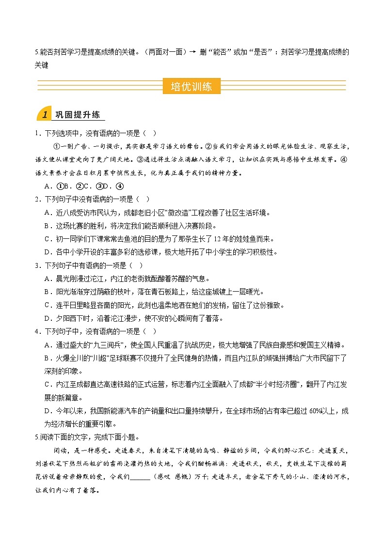 寒假作业02 病句的辨析和修改（巩固培优）（原卷版）第2页