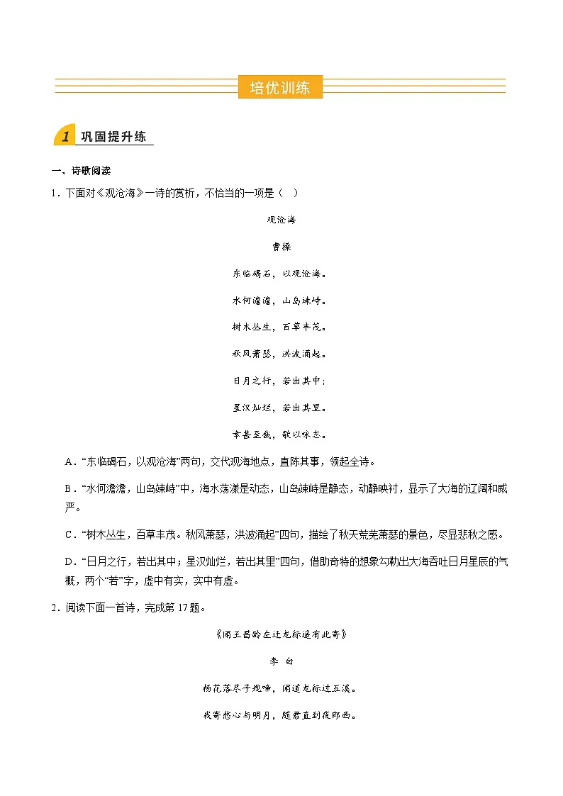 寒假作业06 古诗文赏析专项训练（巩固培优）（原卷版）第2页