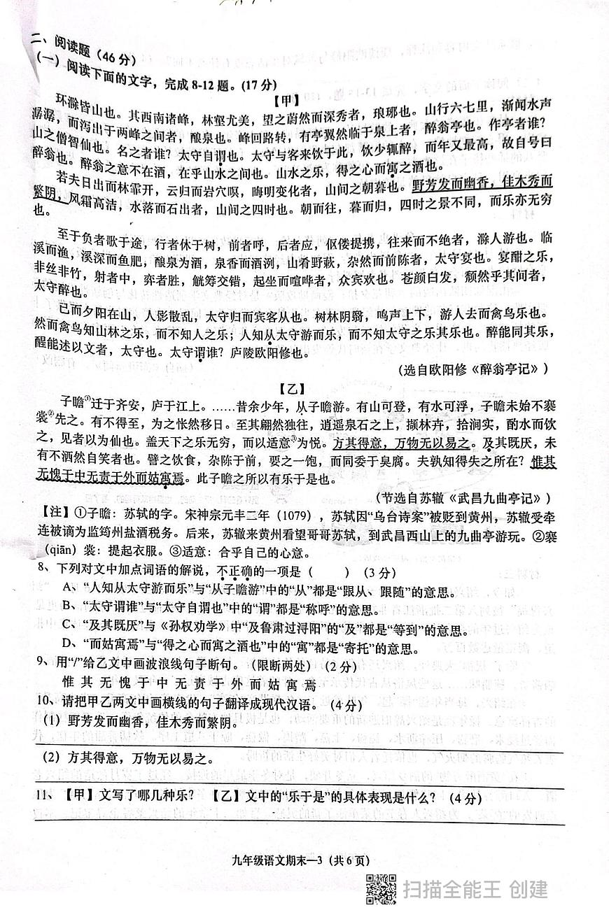 广东省揭阳市惠来县2025-2026学年九年级上学期1月期末语文试题第3页