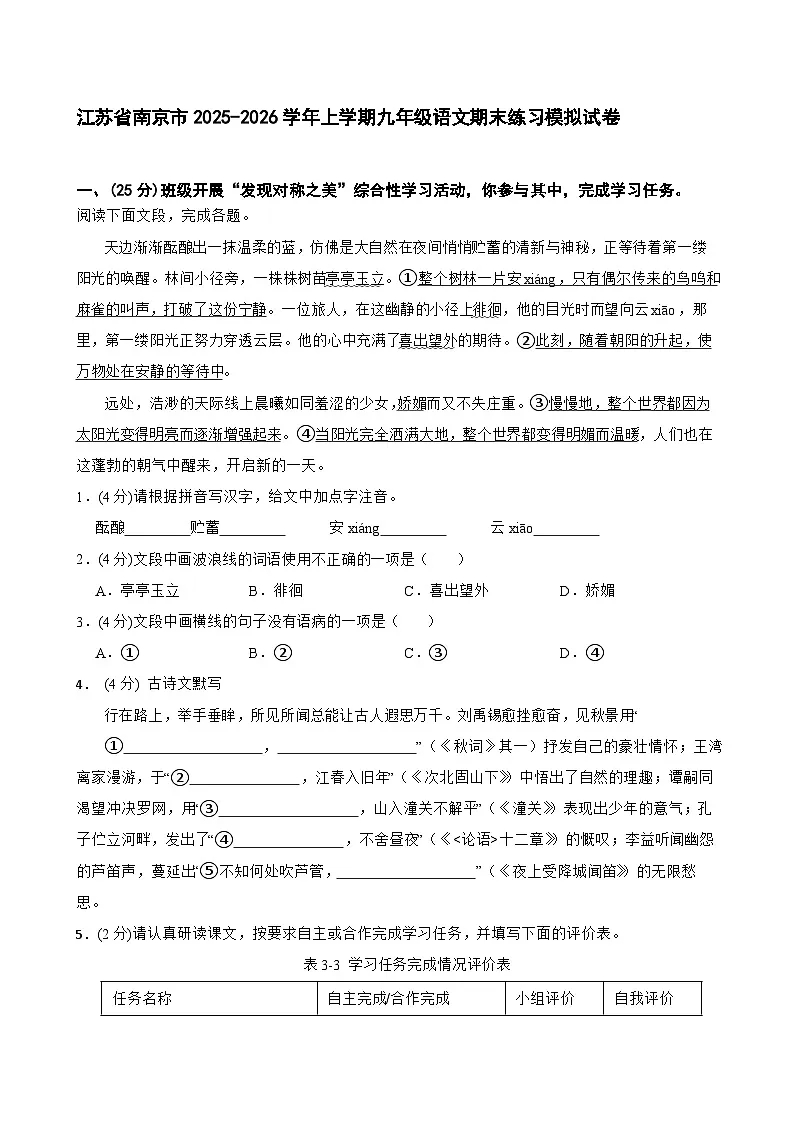 江苏省南京市2025-2026学年上学期九年级语文期末练习模拟试卷第1页