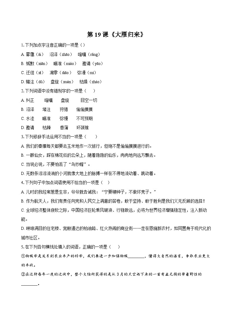 第19课《大雁归来》同步练习 2025—2026学年统编版语文七年级上册（含答案+解析）第1页
