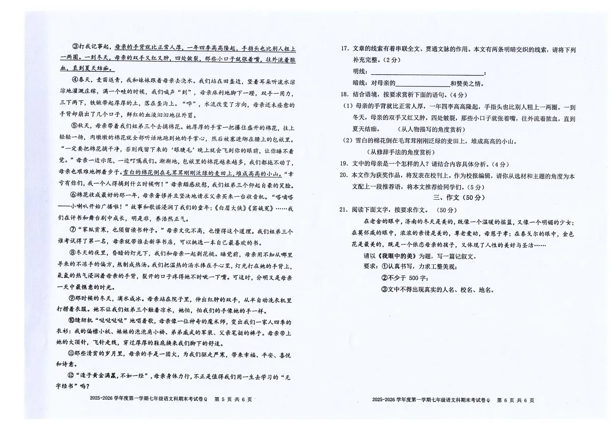 广东省汕头市潮南区陈店镇公办学校2025-2026学年七年级上学期1月期末语文试题第3页