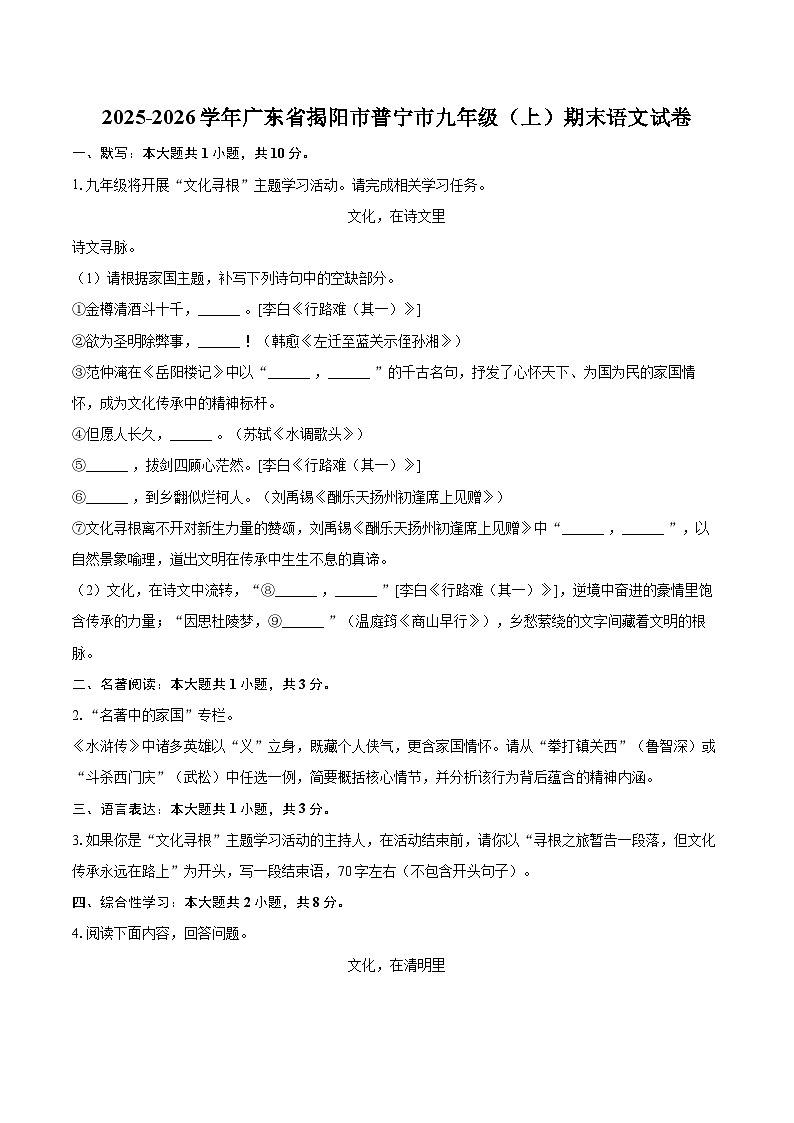 2025-2026学年广东省揭阳市普宁市九年级（上）期末语文试卷-自定义类型第1页