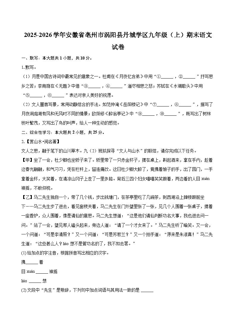 2025-2026学年安徽省亳州市涡阳县丹城学区九年级（上）期末语文试卷-自定义类型第1页