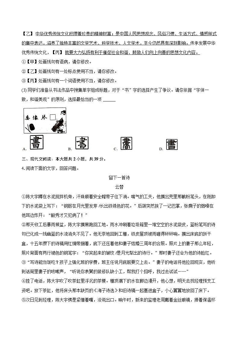 2025-2026学年安徽省亳州市涡阳县丹城学区九年级（上）期末语文试卷-自定义类型第3页
