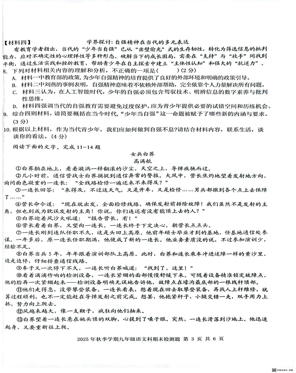 广西防城港市防城区2025-2026学年九年级上学期1月期末语文试题第3页