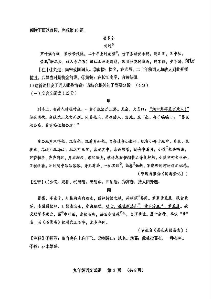 山东省青岛市胶州市瑞华实验初级中学2025-2026学年九年级上学期1月期末语文试题第3页