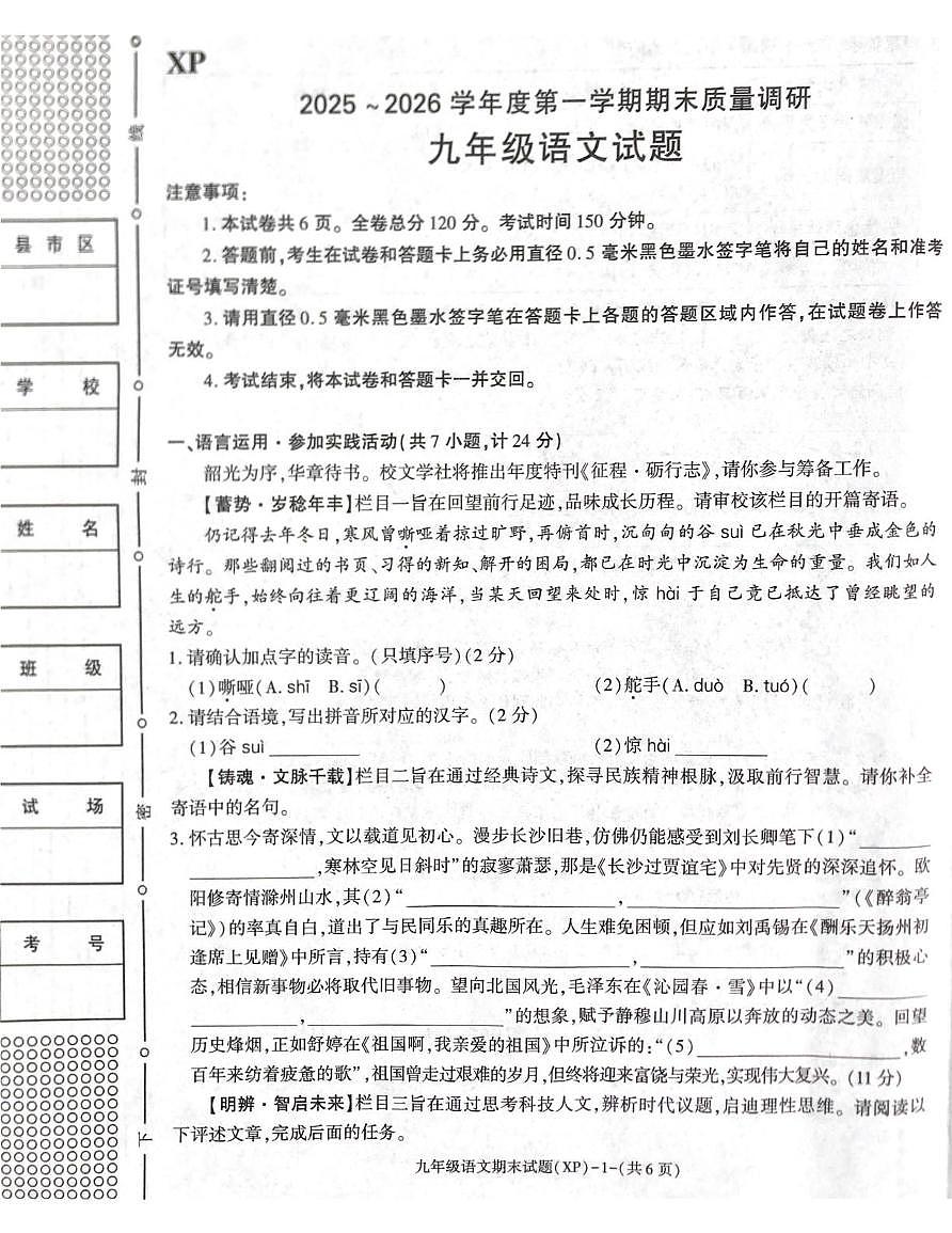 陕西省咸阳市兴平市2025-2026学年九年级上学期期末质量调研语文试题第1页