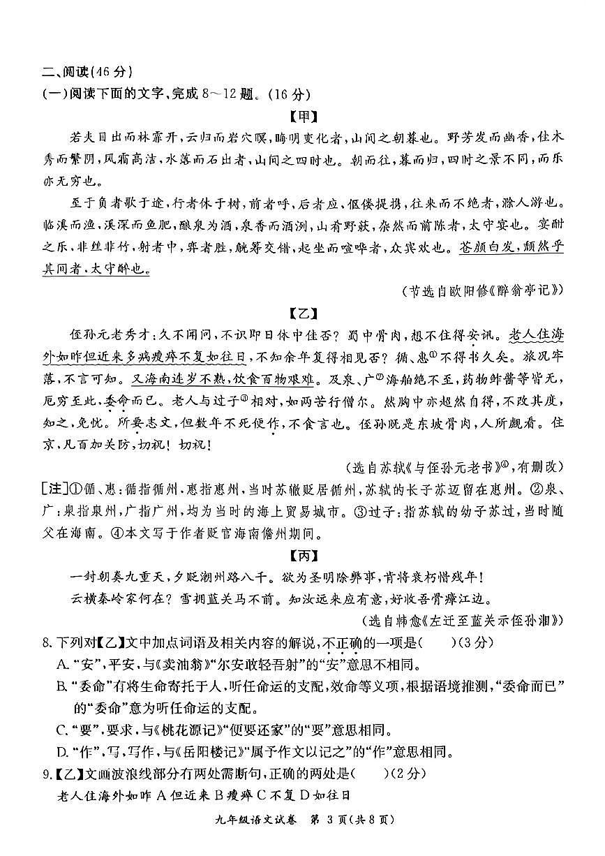 广东省河源市紫金县2025-2026学年九年级第一学期语文期末测试题（图片版，含答案）第3页