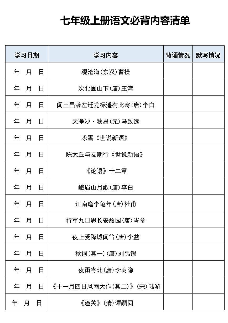 七年级上册语文期末必背内容知识清单第1页