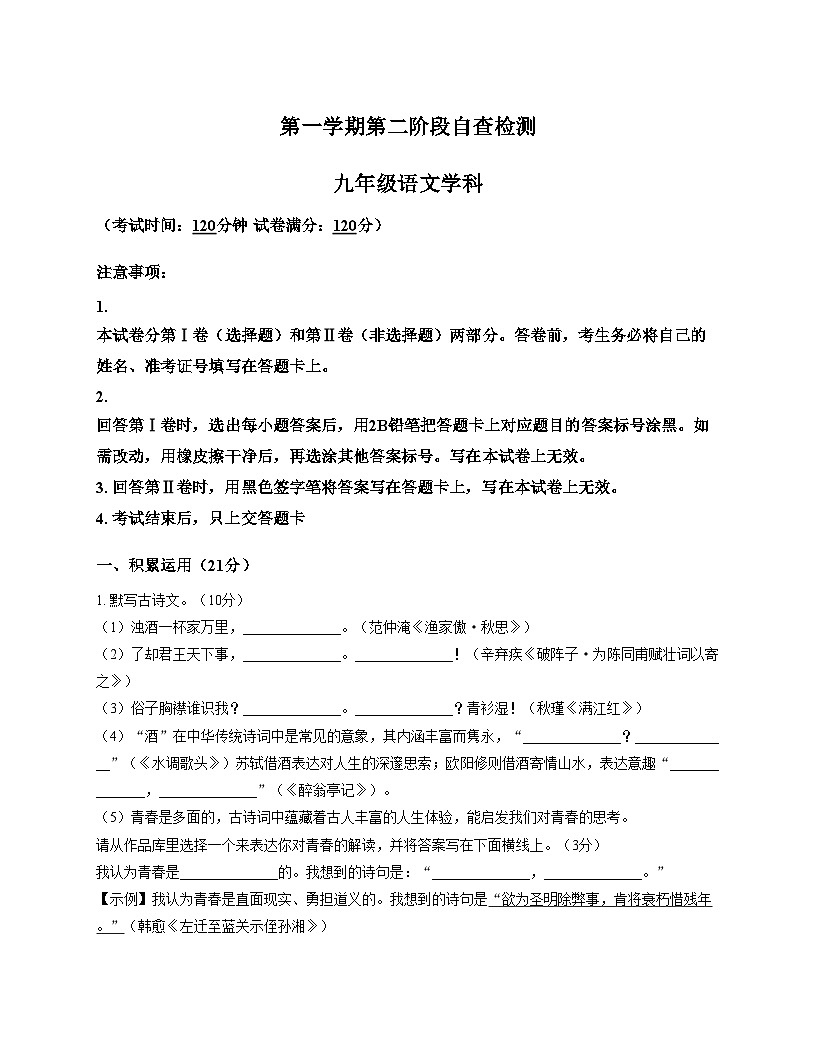 广东省东莞市松山湖北区学校2025_2026学年九年级上学期第二阶段检测语文试题 （文字版，含答案）第1页
