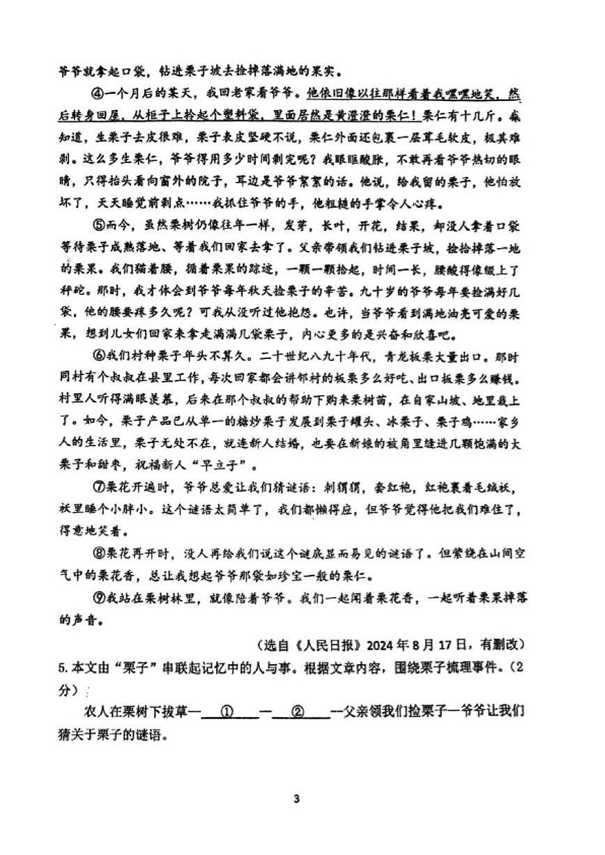 2025-2026学年河南省郑州市枫杨外国语学校等5校上学期七年级期末语文_(含答案_)试卷第3页
