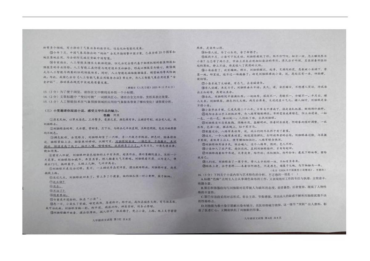 2025-2026学年湖北省省直辖县级行政单位潜江市九年级上学期1月期末语文试题（含答案）第3页