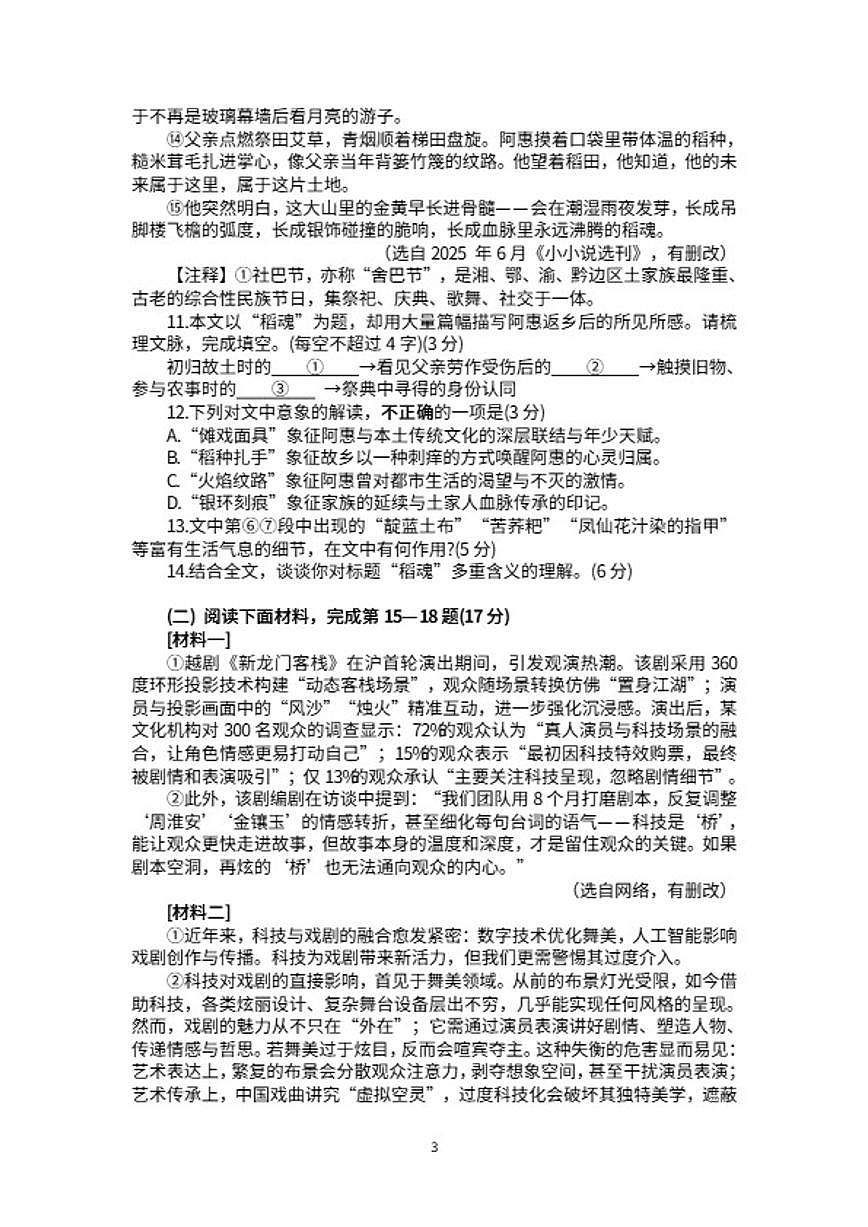 2025-2026学年上海市金山区上学期初三一模语文试题（含答案）第3页