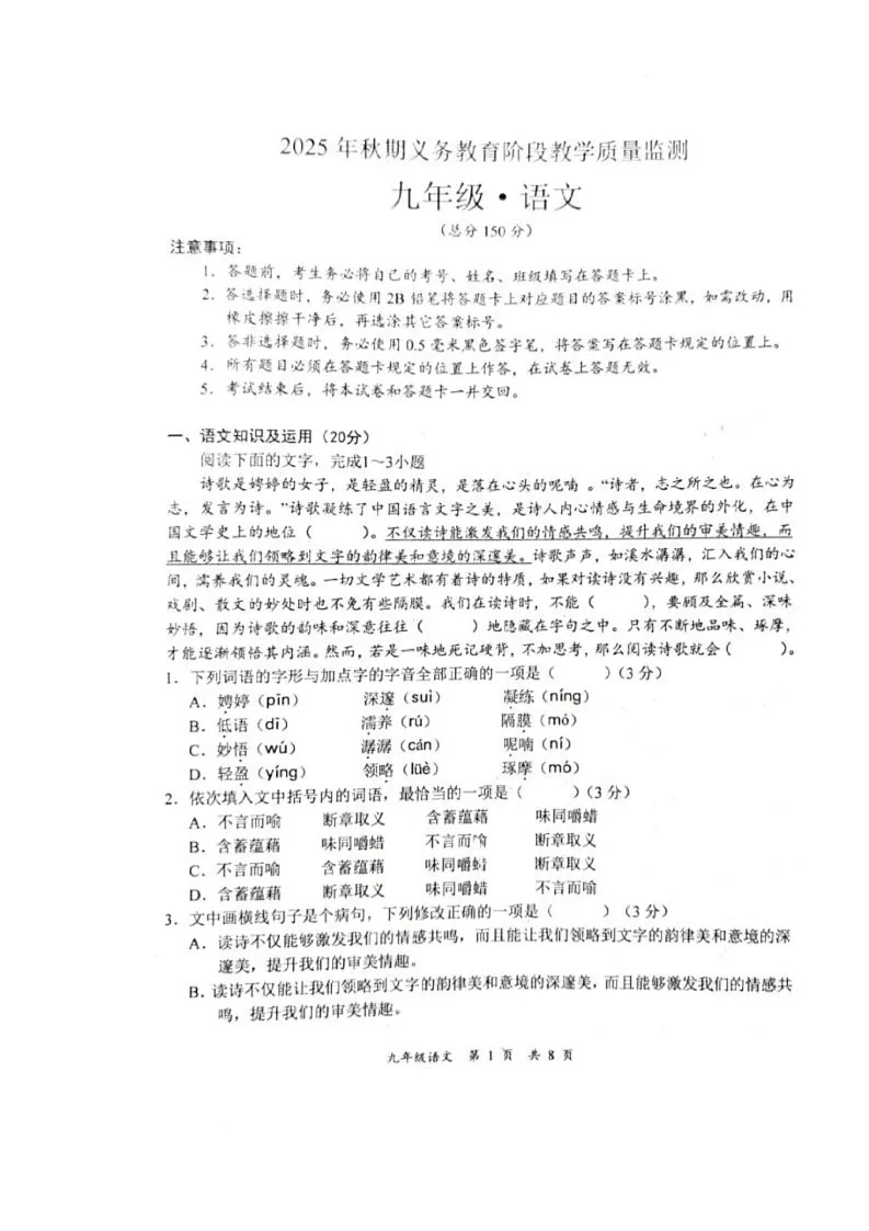 四川省宜宾市长宁县2026届九年级上学期1月期末考试语文试卷（PDF板，无答案）第1页