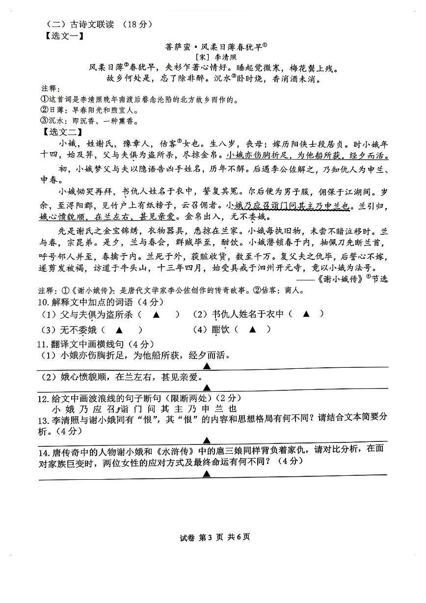 江苏扬州中学树人教育集团2025年秋学期期末考试（树人校区）九年级语文试卷第3页