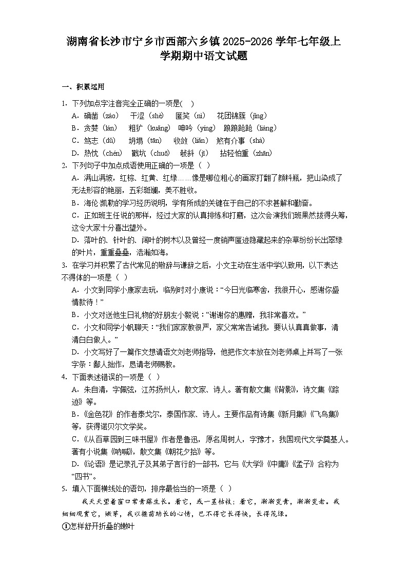 湖南省长沙市宁乡市西部六乡镇2025-2026学年七年级上学期期中语文试题（含答案）第1页