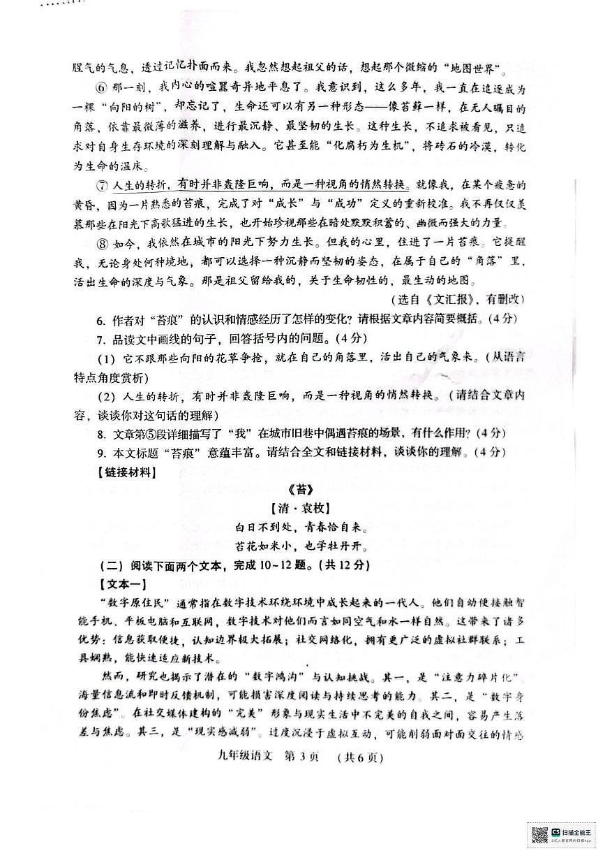 河南许昌市襄城县玉成学校2025-2026学年第一学期期末教学质量检测九年级语文试卷第3页